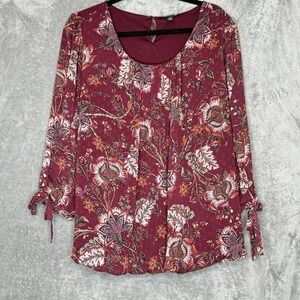 Roz & Ali 1X Top Shirt Burgundy Red Floral 3/4 Sleeve Scoop Neck Button Back